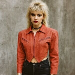 VTG Tip Top California Cropped Red Embossed‎ Leather Jacket 80s Korea S